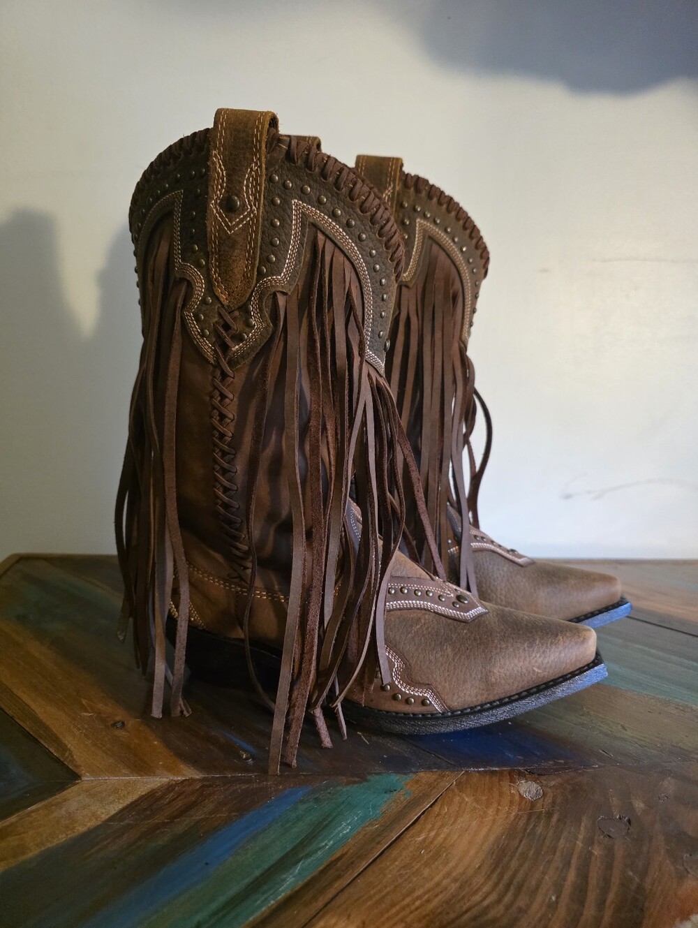 Rockin Country Leather Fringe Boots Size 8W
